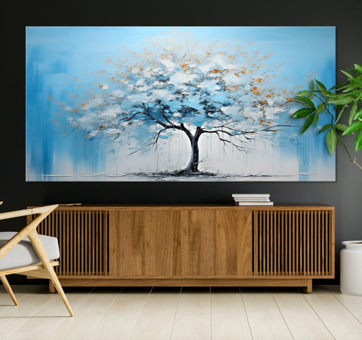 Blue Abstract Tree Canvas Wall Art Print White Flowers Painting Framed Set of