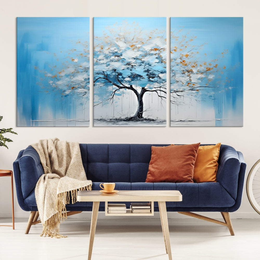 Blue Abstract Tree Canvas Wall Art Print White Flowers Painting Framed Set of