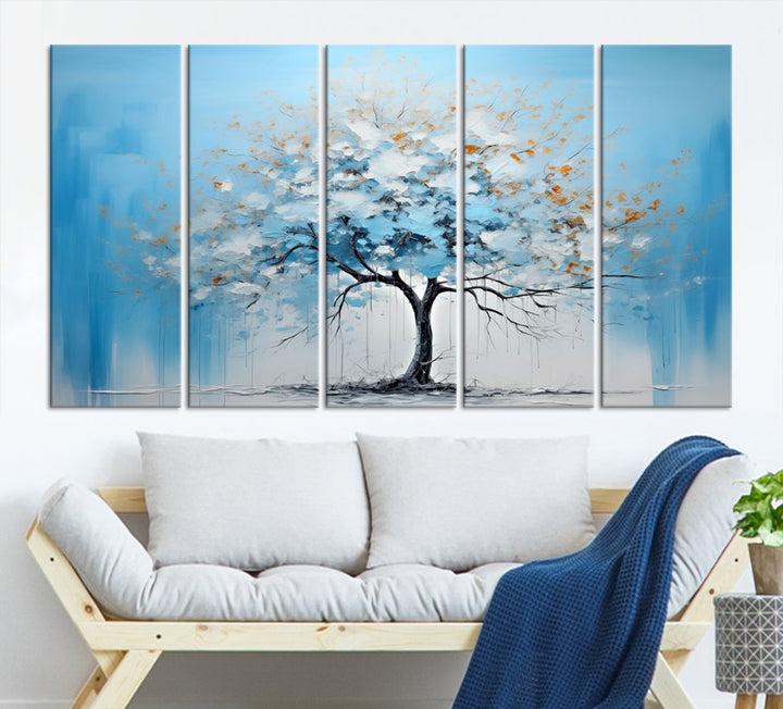 Blue Abstract Tree Canvas Wall Art Print White Flowers Painting Framed Set of