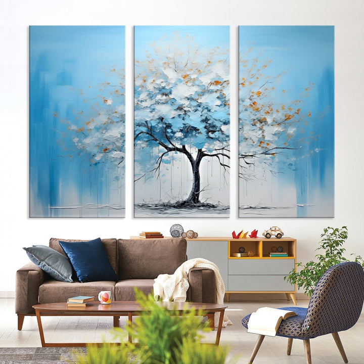 Blue Abstract Tree Canvas Wall Art Print White Flowers Painting Framed Set of