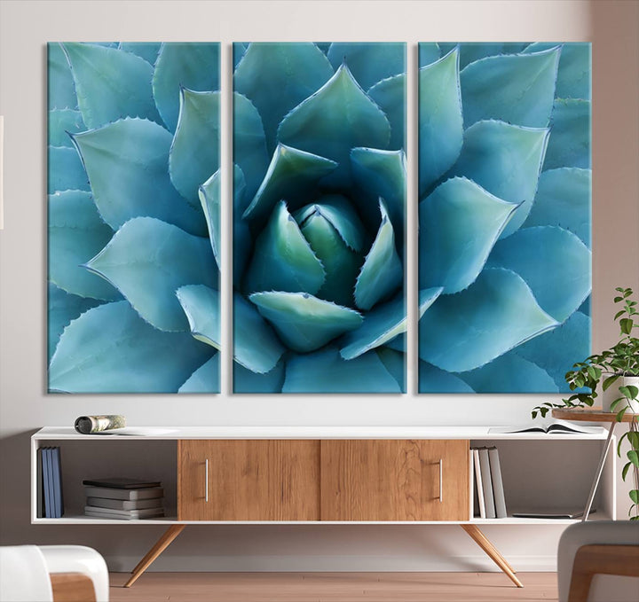 Blue Agave Canvas Wall Art Print - Large Agave Flower Wall Art Print for Living Room, Modern Botanical Wall Decor