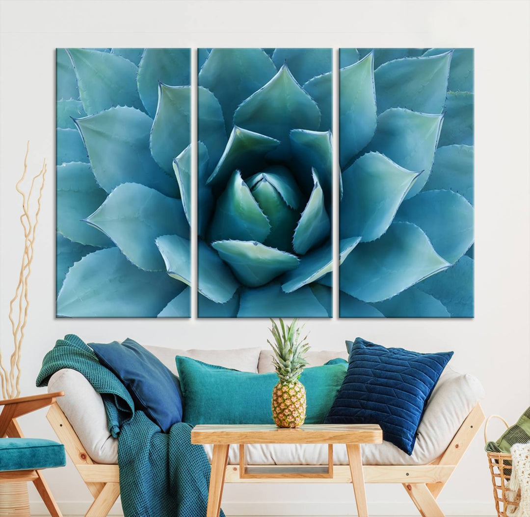 Blue Agave Canvas Wall Art Print - Large Agave Flower Wall Art Print for Living Room, Modern Botanical Wall Decor