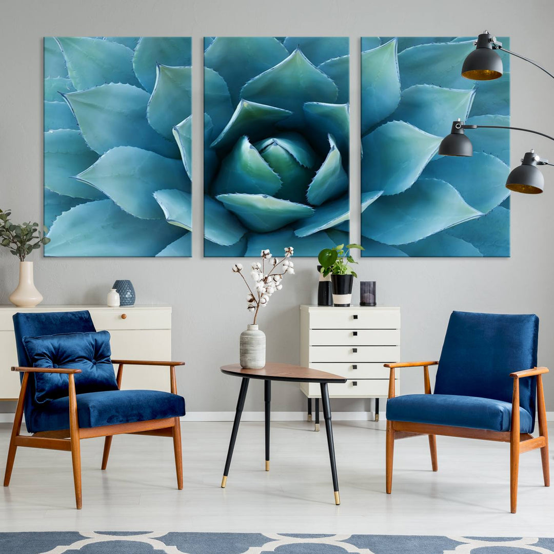 Blue Agave Canvas Wall Art Print - Large Agave Flower Wall Art Print for Living Room, Modern Botanical Wall Decor