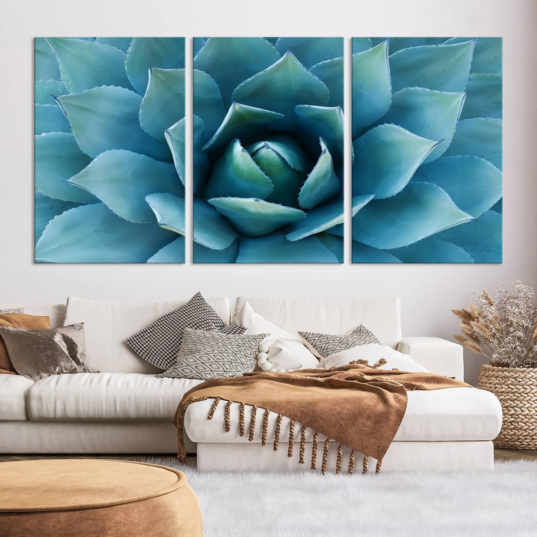 Blue Agave Canvas Wall Art Print - Large Agave Flower Wall Art Print for Living Room, Modern Botanical Wall Decor