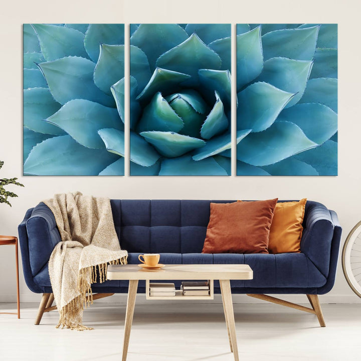 Blue Agave Canvas Wall Art Print - Large Agave Flower Wall Art Print for Living Room, Modern Botanical Wall Decor