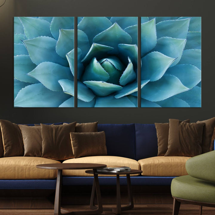 Blue Agave Canvas Wall Art Print - Large Agave Flower Wall Art Print for Living Room, Modern Botanical Wall Decor