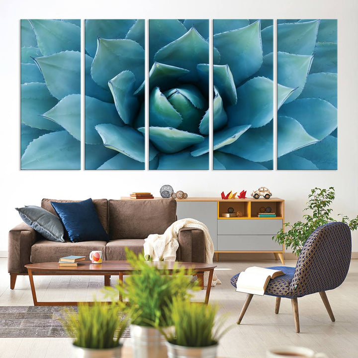 Blue Agave Canvas Wall Art Print - Large Agave Flower Wall Art Print for Living Room, Modern Botanical Wall Decor