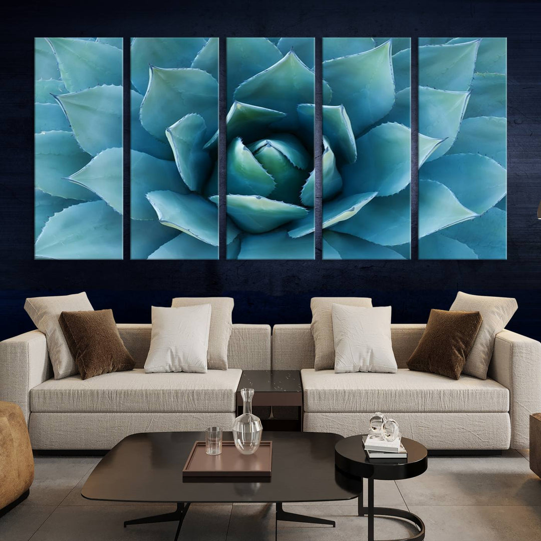 Blue Agave Canvas Wall Art Print - Large Agave Flower Wall Art Print for Living Room, Modern Botanical Wall Decor