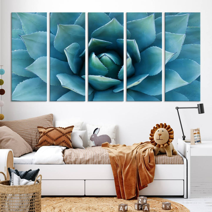 Blue Agave Canvas Wall Art Print - Large Agave Flower Wall Art Print for Living Room, Modern Botanical Wall Decor