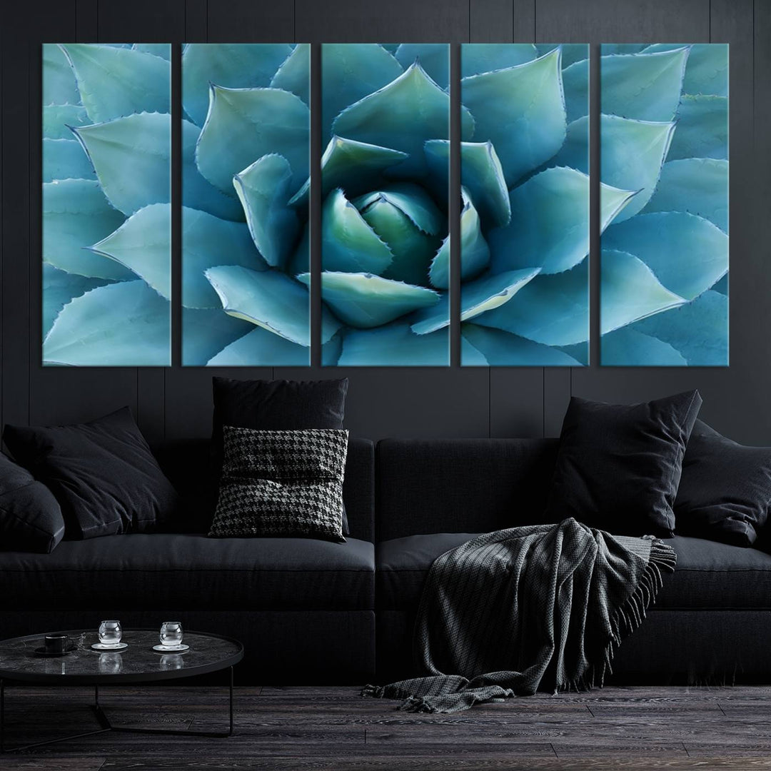 Blue Agave Canvas Wall Art Print - Large Agave Flower Wall Art Print for Living Room, Modern Botanical Wall Decor