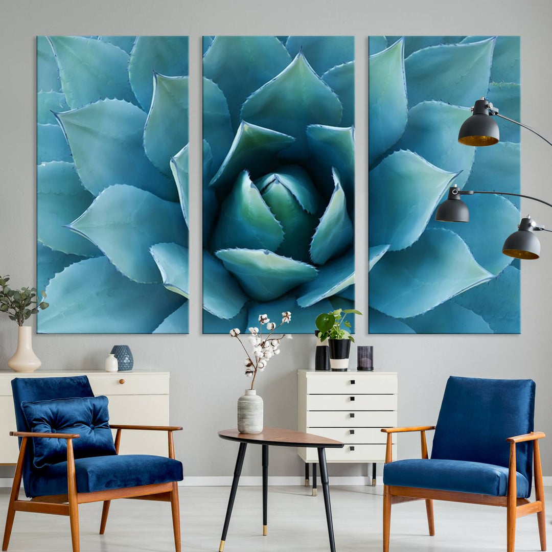 Blue Agave Canvas Wall Art Print - Large Agave Flower Wall Art Print for Living Room, Modern Botanical Wall Decor