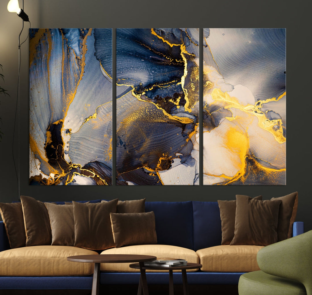 Blue and Gold Marble Modern Abstract Canvas Wall Art Giclee Print