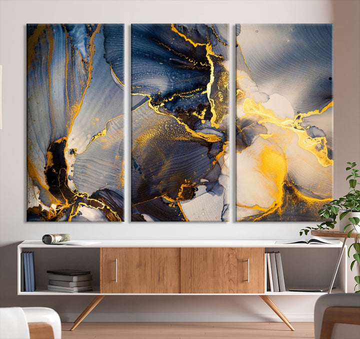 Blue and Gold Marble Modern Abstract Canvas Wall Art Giclee Print