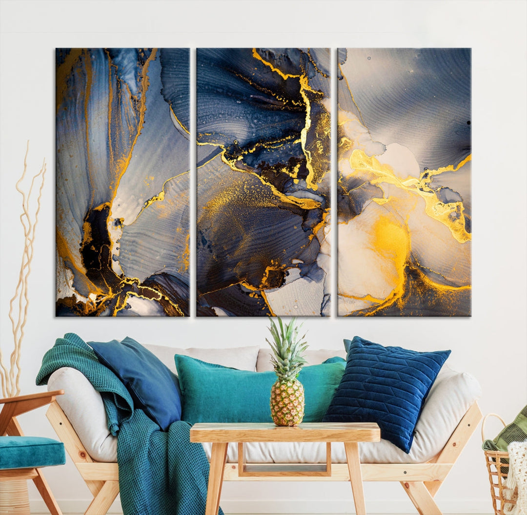 Blue and Gold Marble Modern Abstract Canvas Wall Art Giclee Print