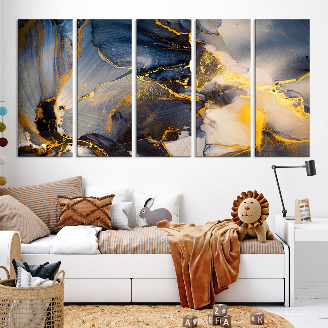 Blue and Gold Marble Modern Abstract Canvas Wall Art Giclee Print