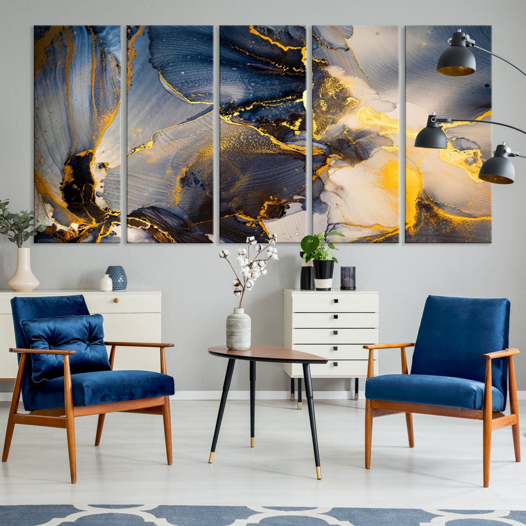 Blue and Gold Marble Modern Abstract Canvas Wall Art Giclee Print