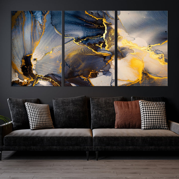 Blue and Gold Marble Modern Abstract Canvas Wall Art Giclee Print