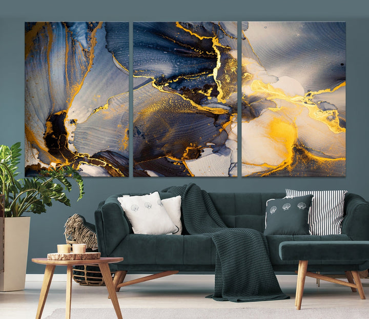 Blue and Gold Marble Modern Abstract Canvas Wall Art Giclee Print