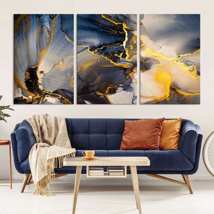 Blue and Gold Marble Modern Abstract Canvas Wall Art Giclee Print