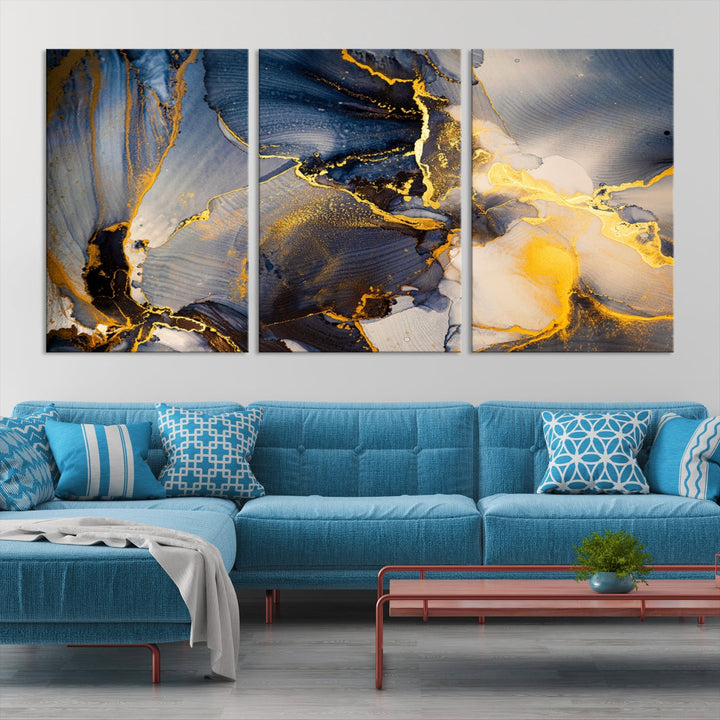 Blue and Gold Marble Modern Abstract Canvas Wall Art Giclee Print