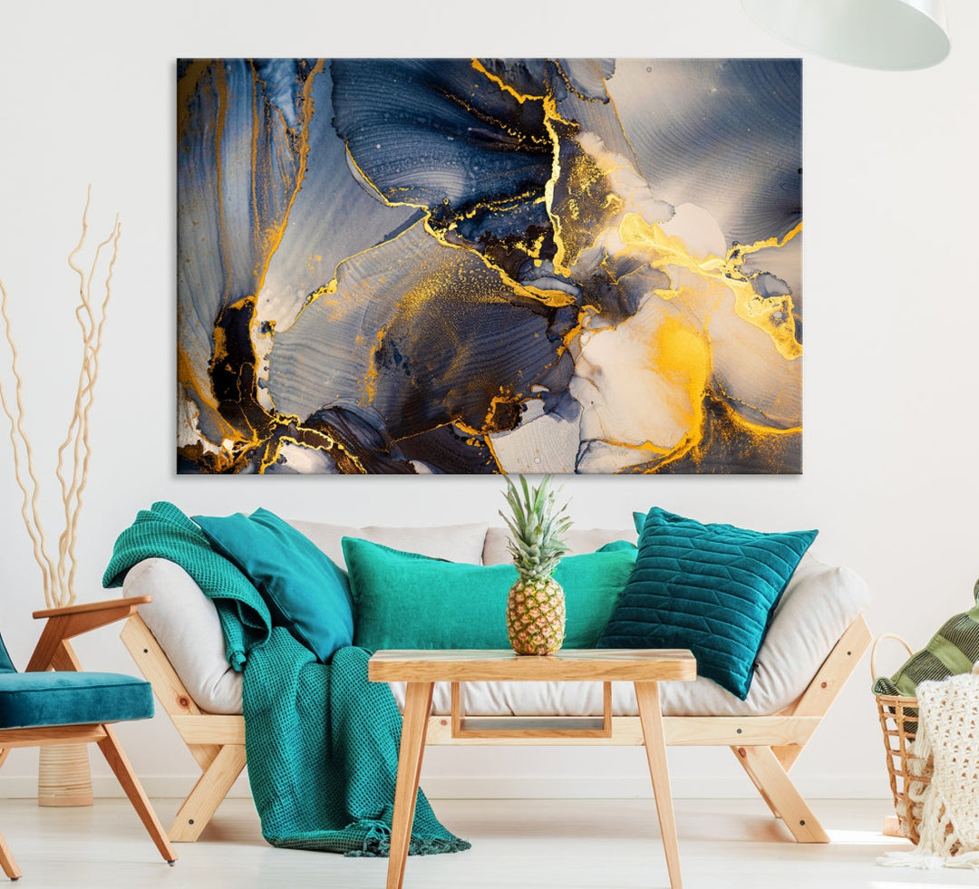 Blue and Gold Marble Modern Abstract Canvas Wall Art Giclee Print