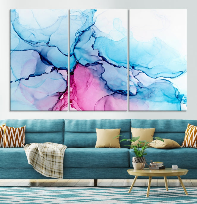 Blue and Pink Abstract Painting Fluid Effect Large Wall Art Modern Canvas Print