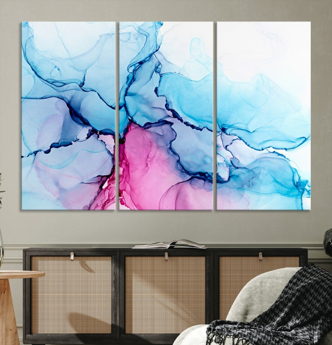 Blue and Pink Abstract Painting Fluid Effect Large Wall Art Modern Canvas Print