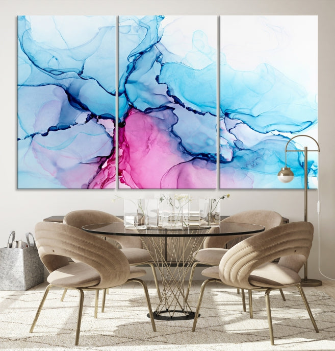 Blue and Pink Abstract Painting Fluid Effect Large Wall Art Modern Canvas Print