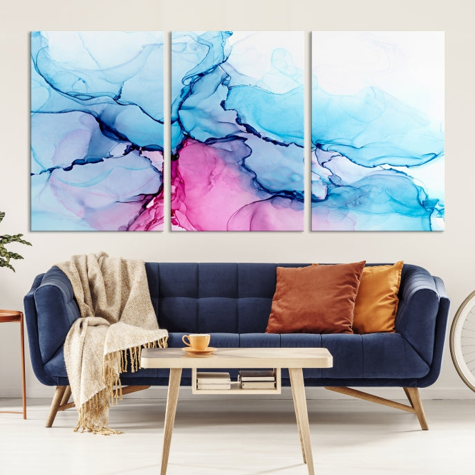 Blue and Pink Abstract Painting Fluid Effect Large Wall Art Modern Canvas Print