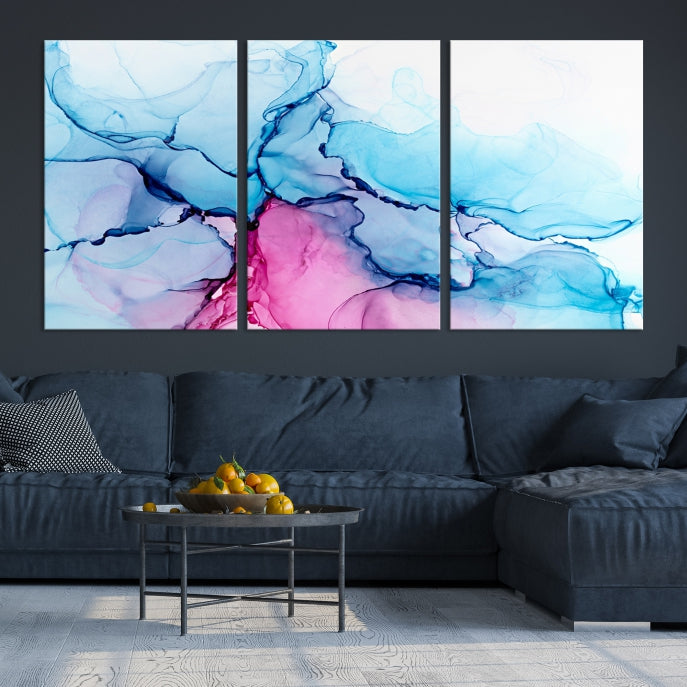 Blue and Pink Abstract Painting Fluid Effect Large Wall Art Modern Canvas Print