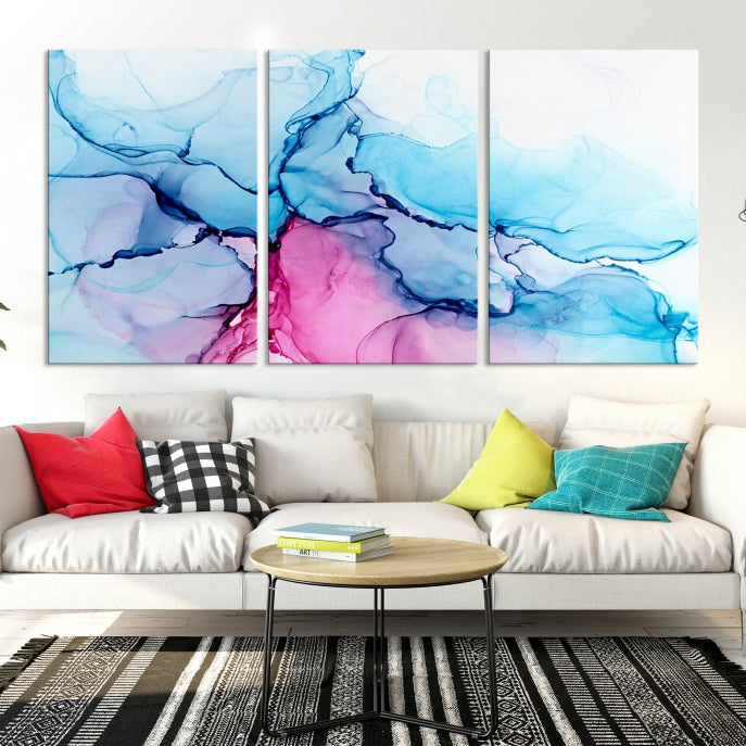 Blue and Pink Abstract Painting Fluid Effect Large Wall Art Modern Canvas Print