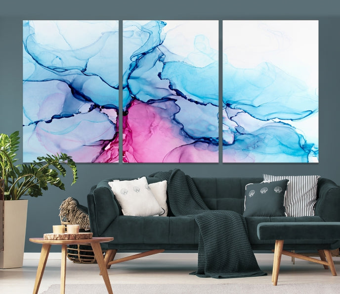 Blue and Pink Abstract Painting Fluid Effect Large Wall Art Modern Canvas Print