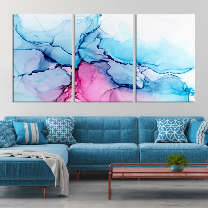 Blue and Pink Abstract Painting Fluid Effect Large Wall Art Modern Canvas Print