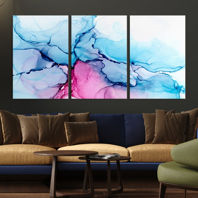 Blue and Pink Abstract Painting Fluid Effect Large Wall Art Modern Canvas Print