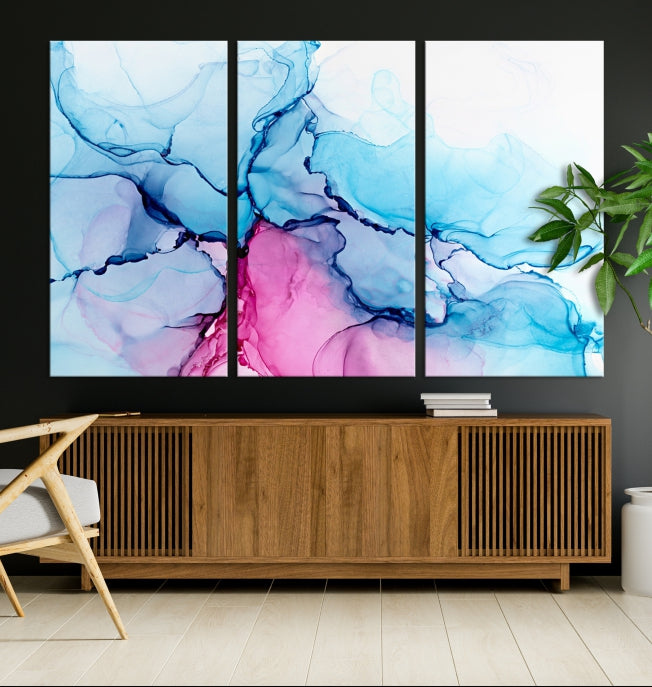 Blue and Pink Abstract Painting Fluid Effect Large Wall Art Modern Canvas Print