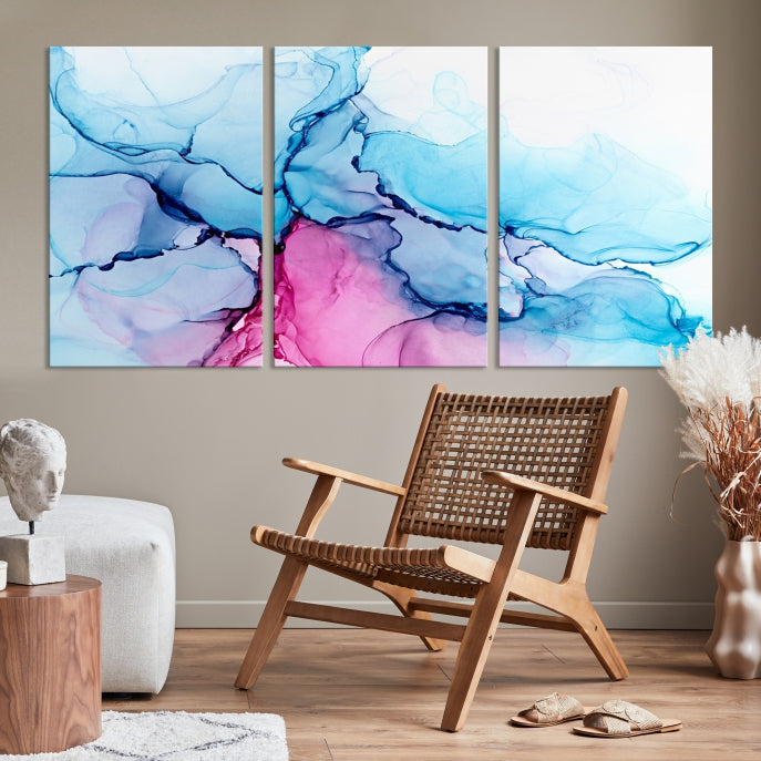 Blue and Pink Abstract Painting Fluid Effect Large Wall Art Modern Canvas Print