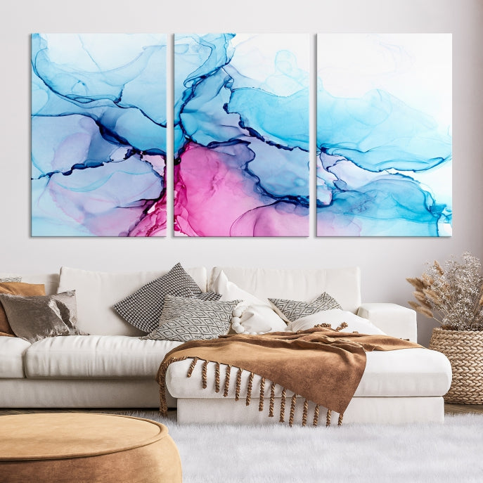 Blue and Pink Abstract Painting Fluid Effect Large Wall Art Modern Canvas Print