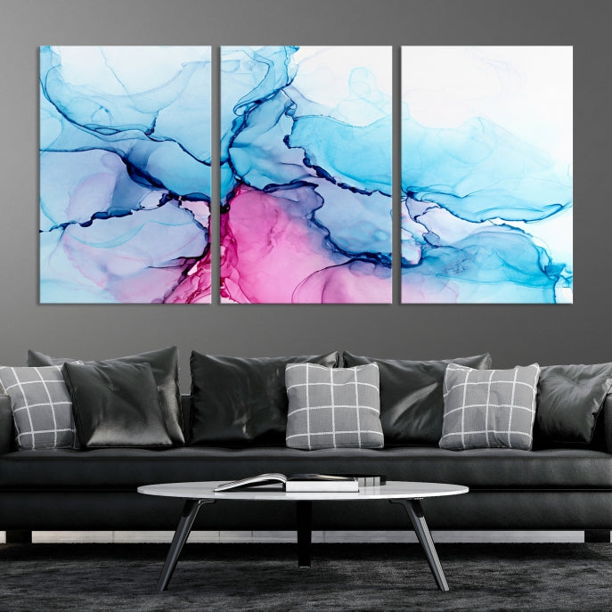 Blue and Pink Abstract Painting Fluid Effect Large Wall Art Modern Canvas Print