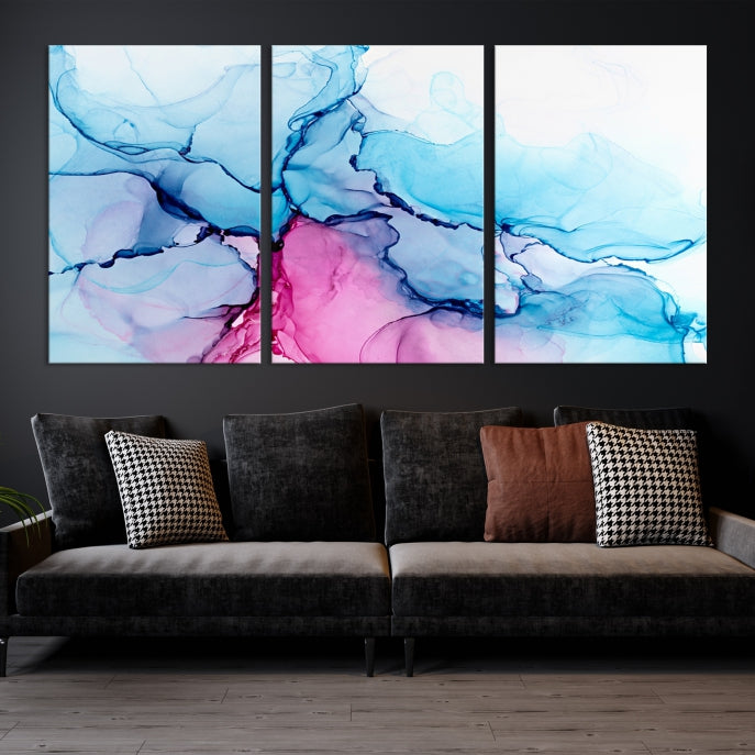 Blue and Pink Abstract Painting Fluid Effect Large Wall Art Modern Canvas Print