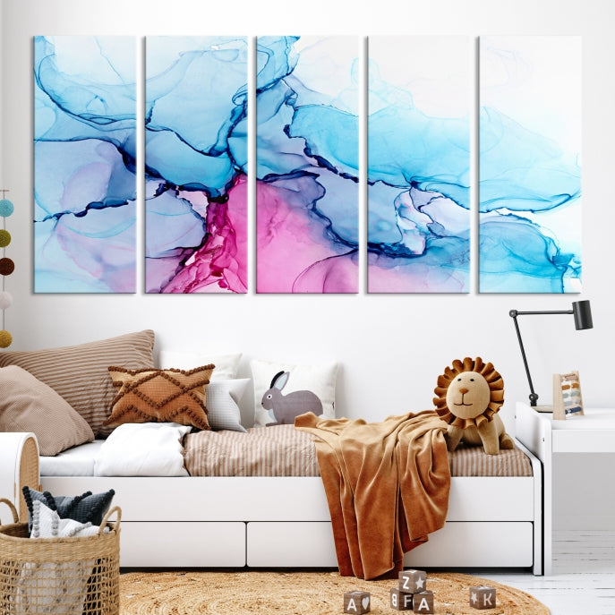 Blue and Pink Abstract Painting Fluid Effect Large Wall Art Modern Canvas Print