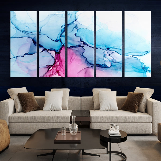 Blue and Pink Abstract Painting Fluid Effect Large Wall Art Modern Canvas Print