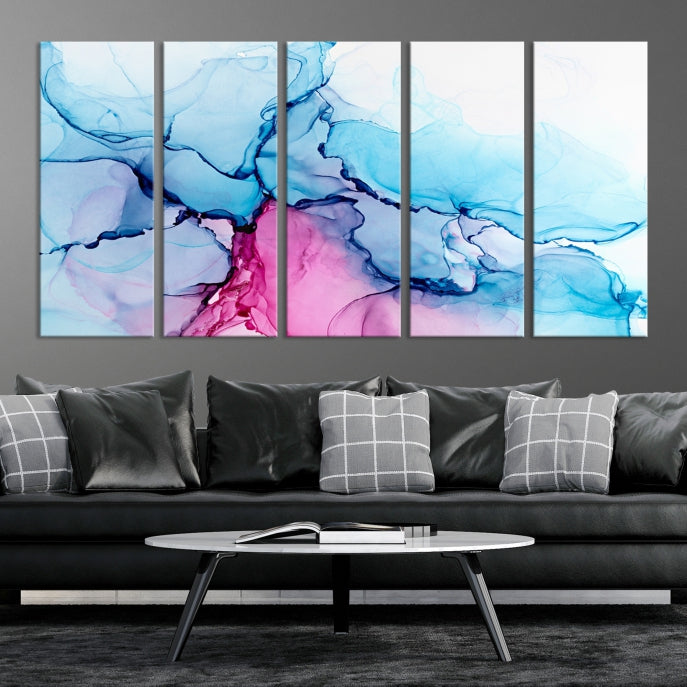 Blue and Pink Abstract Painting Fluid Effect Large Wall Art Modern Canvas Print