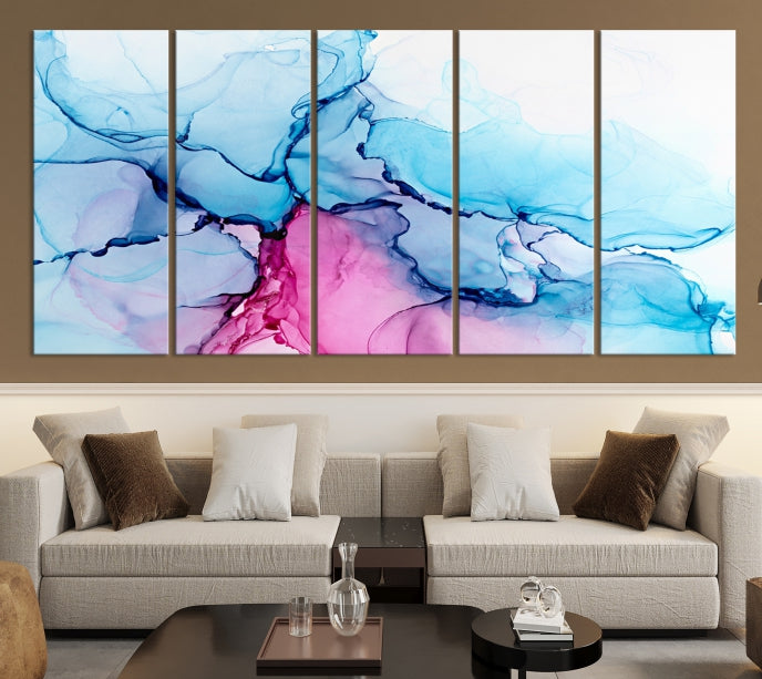 Blue and Pink Abstract Painting Fluid Effect Large Wall Art Modern Canvas Print