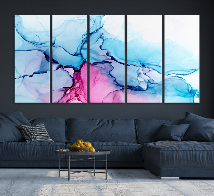 Blue and Pink Abstract Painting Fluid Effect Large Wall Art Modern Canvas Print