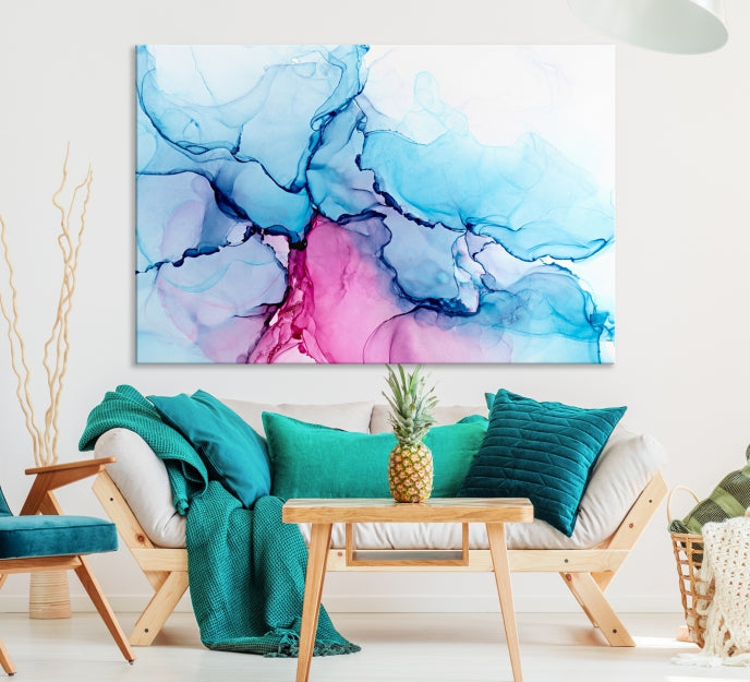 Blue and Pink Abstract Painting Fluid Effect Large Wall Art Modern Canvas Print