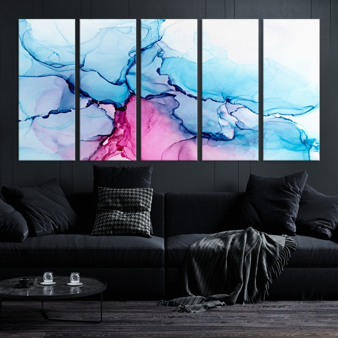 Blue and Pink Abstract Painting Fluid Effect Large Wall Art Modern Canvas Print