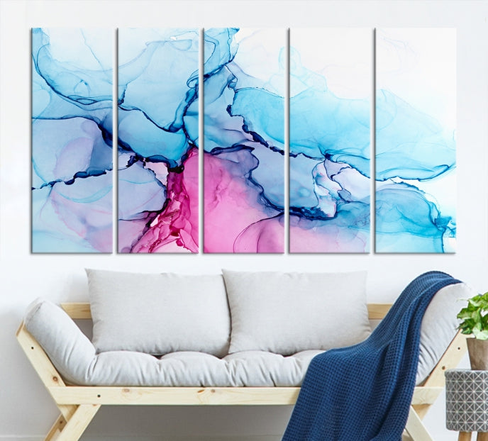 Blue and Pink Abstract Painting Fluid Effect Large Wall Art Modern Canvas Print