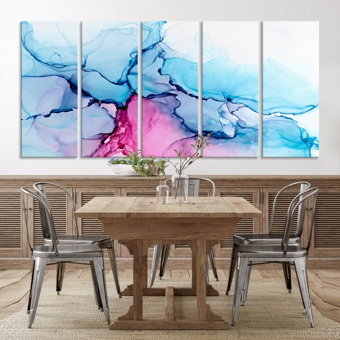 Blue and Pink Abstract Painting Fluid Effect Large Wall Art Modern Canvas Print