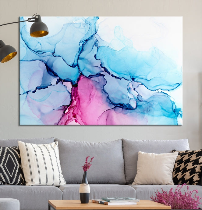 Blue and Pink Abstract Painting Fluid Effect Large Wall Art Modern Canvas Print