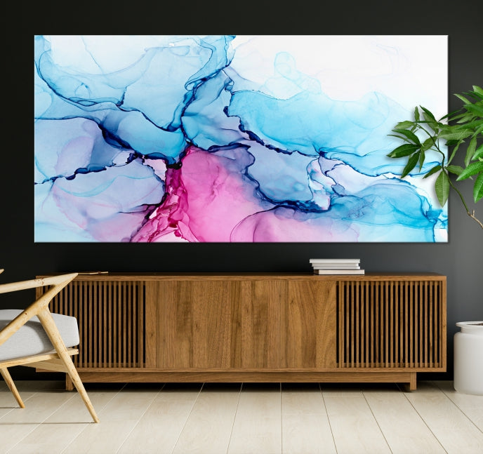 Blue and Pink Abstract Painting Fluid Effect Large Wall Art Modern Canvas Print